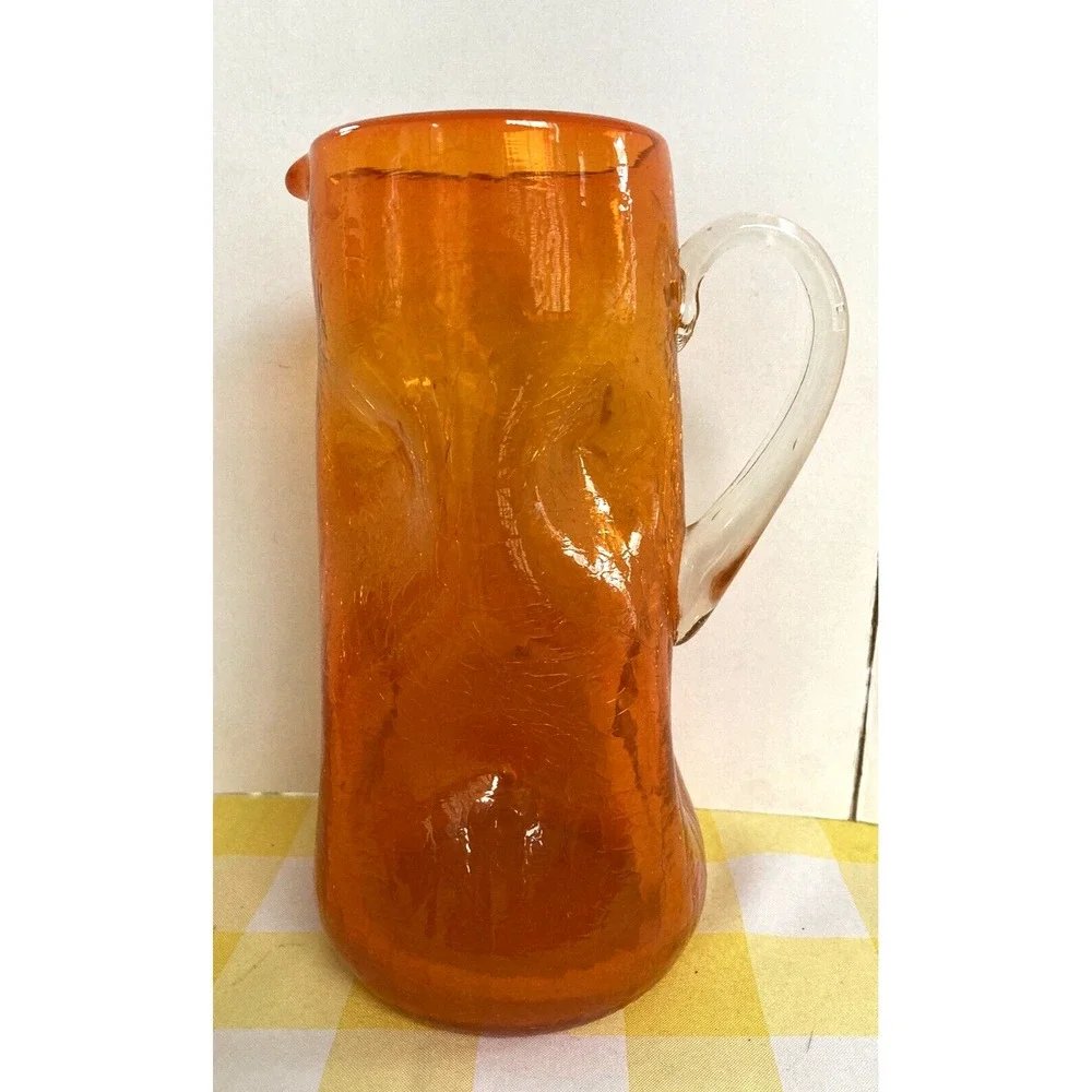 Vintage Blenko crackle glass dimpled tall pitcher Amberina orange clear handle